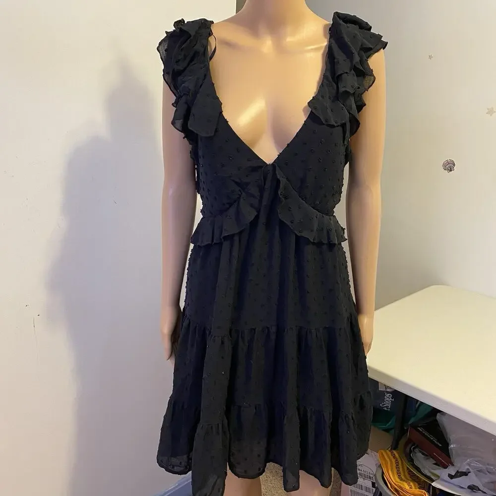 Trixxi Babydoll Mini Dress XL Black Ruffle Hem Smocked CutOut Back Dark Romantic - Picture 5 of 9